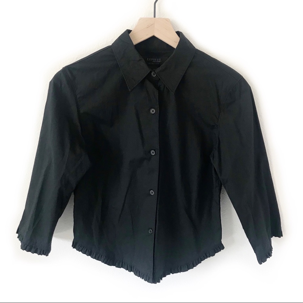 EXPRESS Stretch Top Black Button Down Ruffle Shirt